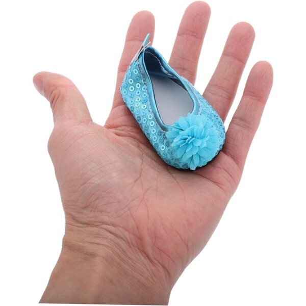 Elegante blaue Paillettenschuhe für 18-Zoll-Puppen mit Blumen und Glitzer