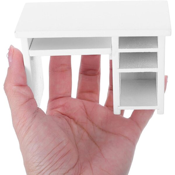 1:12 Puppenhaus-Schreibtisch-Set mit weißem Miniatur-Laptop aus Holz
