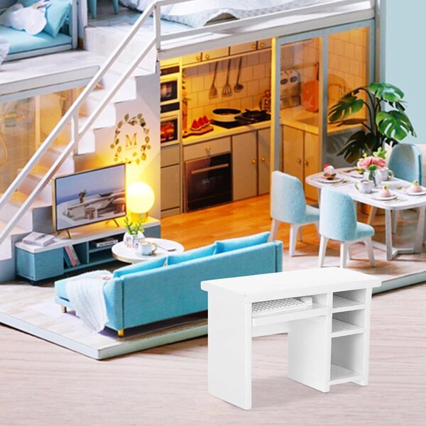 1:12 Puppenhaus-Schreibtisch-Set mit weißem Miniatur-Laptop aus Holz