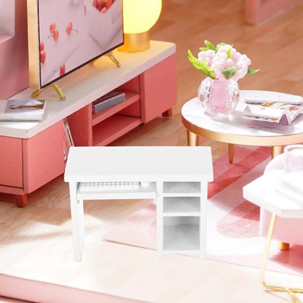 1:12 Puppenhaus-Schreibtisch-Set mit weißem Miniatur-Laptop aus Holz