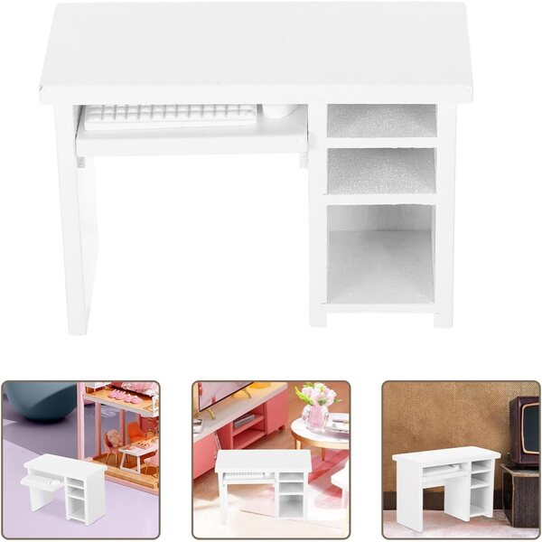 1:12 Puppenhaus-Schreibtisch-Set mit weißem Miniatur-Laptop aus Holz