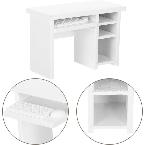 1:12 Puppenhaus-Schreibtisch-Set mit weißem Miniatur-Laptop aus Holz