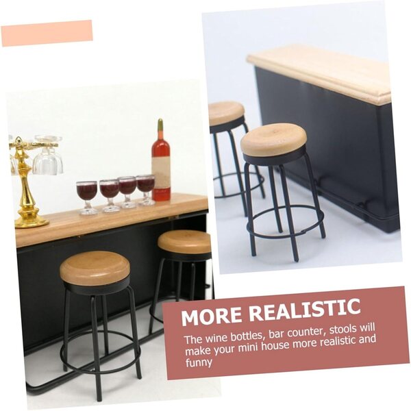 Mini-Bartisch-Set mit 2 Holzhockern für Puppenhaus, realistisches Design
