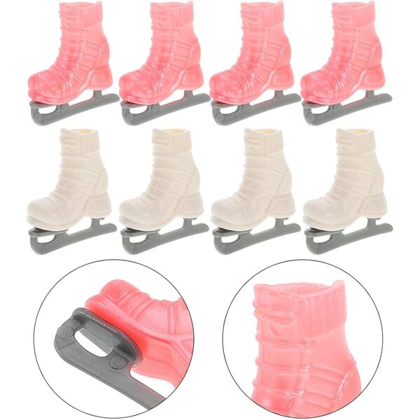 4 Paia di Pattini a Rotelle Miniatura per Bambole, Accessori in Plastica Colorati Rosa e Bianco