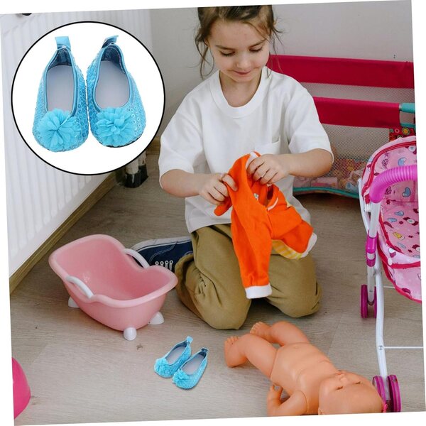 Scarpe Paillettes per Bambole con Fiori in PU Blu Cielo - Accessori Eleganti per Gioco