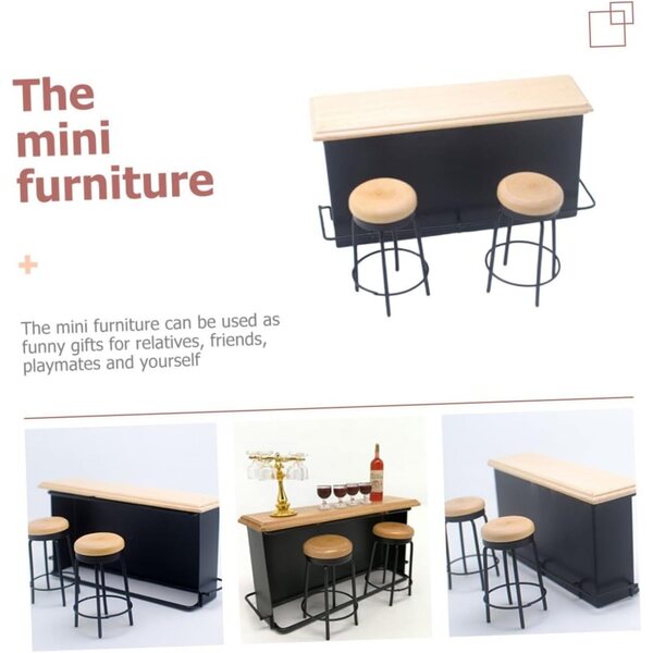 YARNOW Set Mini Bar in Legno con Bancone e 2 Sgabelli per Casa delle Bambole