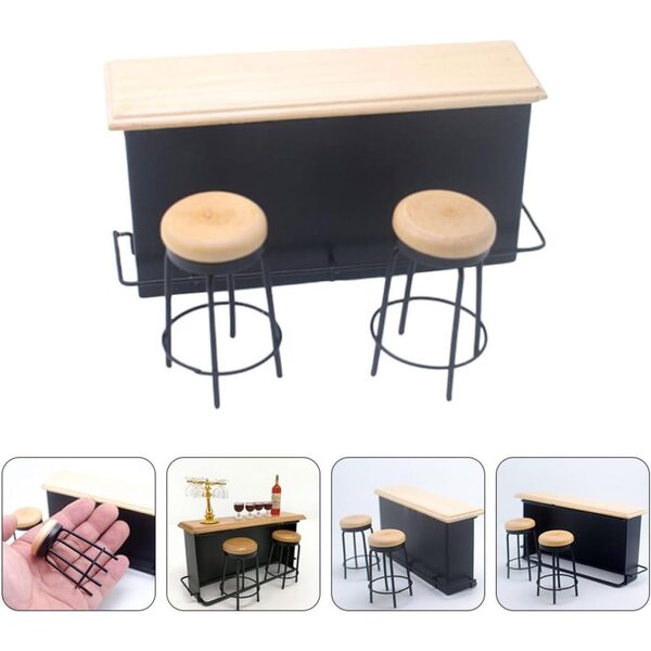 YARNOW Set Mini Bar in Legno con Bancone e 2 Sgabelli per Casa delle Bambole