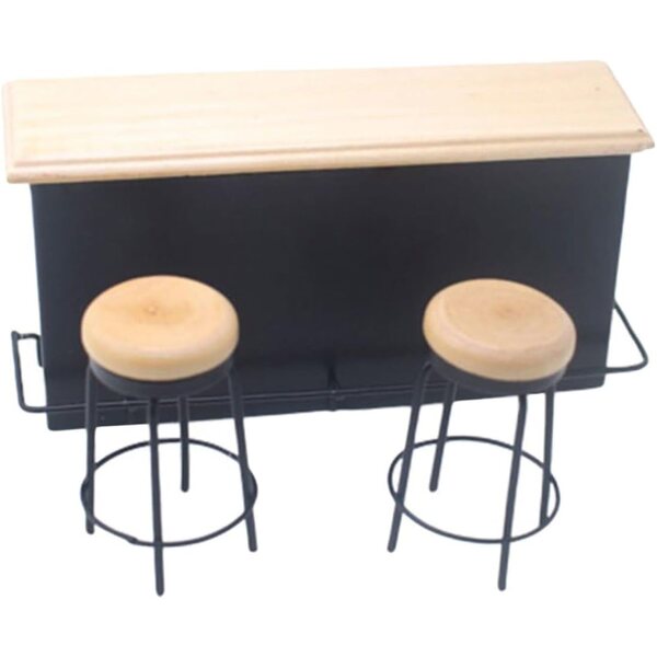 Miniaturmöbelset Bartheke und 2 Hocker aus Holz und Metall für Puppenhaus