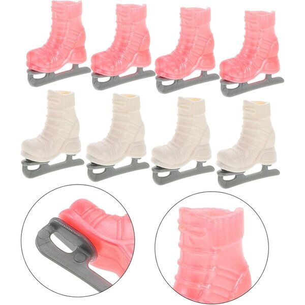 Set 4 Paia Pattini a Rotelle Miniature per Bambole 6 cm Bianco e Rosa Decorativi