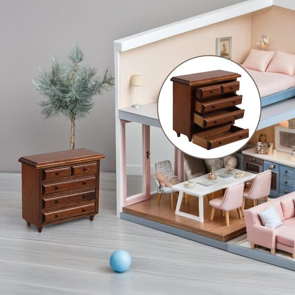 Mobiletto Miniatura in Betulla con 12 Cassetti Castagna per Casa delle Bambole
