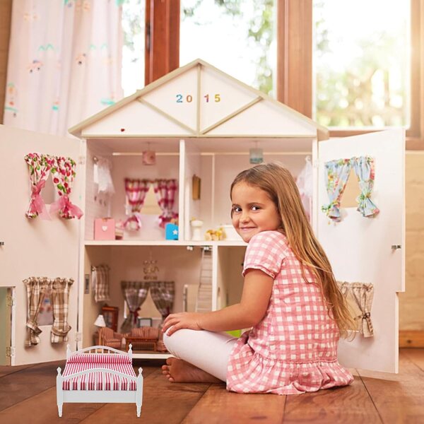 Alasum Mini Letto Matrimoniale in Legno per Casa delle Bambole, Arredo Decorativo Rosa
