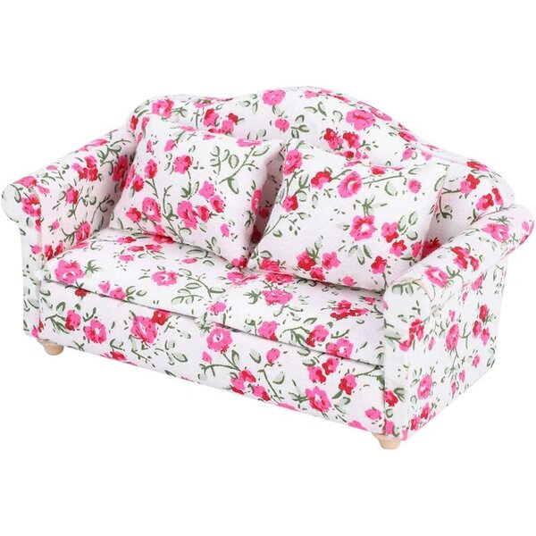 Naroote Mini-Doppelsofa aus Holz und Stoff für Puppenhaus im Maßstab 1:12