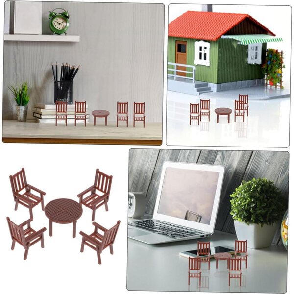 Set Miniatura Tavolo e Sedie per Modellismo e Decorazioni Casa in Plastica Marrone