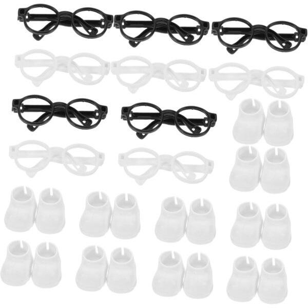 Set Mini Accessori bambole: 10 Scarpe Bianche e 10 Occhiali Rotondi in Plastica