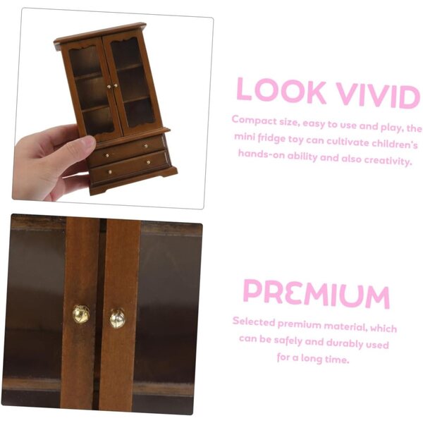 ORFOFE Libreria Miniatura 1:12 in Legno e Vetro, Scaffale Dettagliato con Doppia Porta
