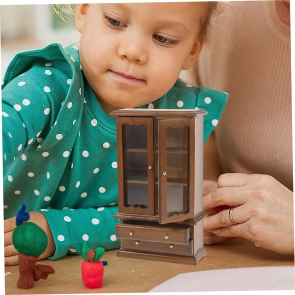 ORFOFE Libreria Miniatura 1:12 in Legno e Vetro, Scaffale Dettagliato con Doppia Porta