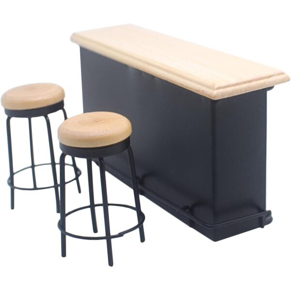 HEMOTON Set Miniatura Bancone da Bar e 2 Sgabelli in Legno per Casa delle Bambole