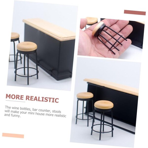 HEMOTON Set Miniatura Bancone da Bar e 2 Sgabelli in Legno per Casa delle Bambole
