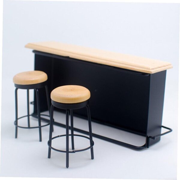 HEMOTON Set Miniatura Bancone da Bar e 2 Sgabelli in Legno per Casa delle Bambole