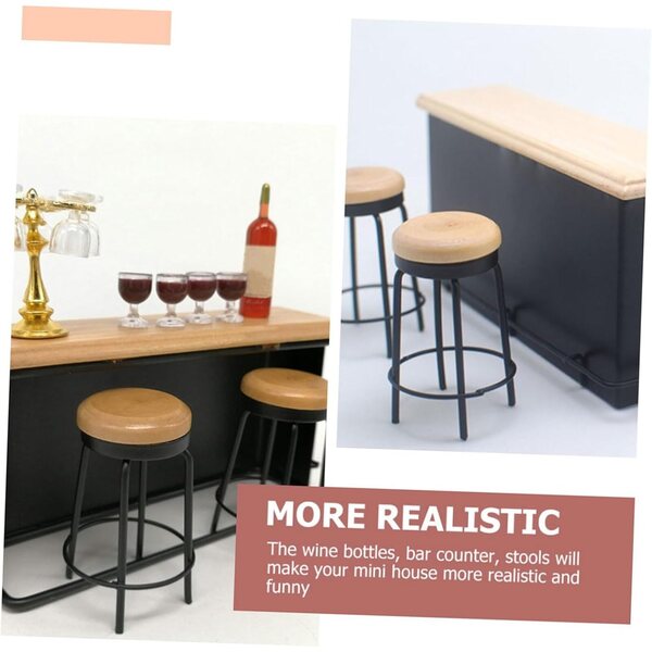 HEMOTON Set Miniatura Bancone da Bar e 2 Sgabelli in Legno per Casa delle Bambole