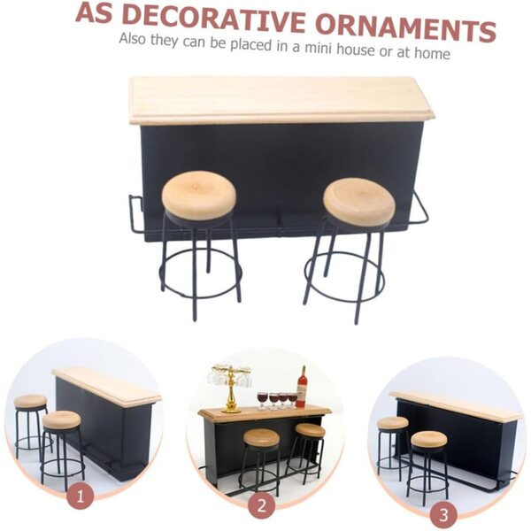 HEMOTON Set Miniatura Bancone da Bar e 2 Sgabelli in Legno per Casa delle Bambole