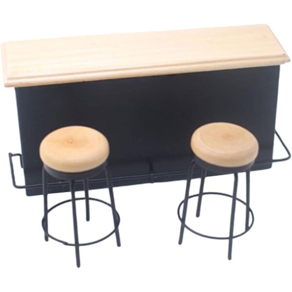 HEMOTON Set Miniatura Bancone da Bar e 2 Sgabelli in Legno per Casa delle Bambole