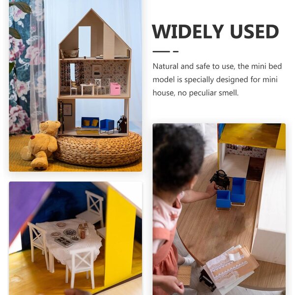 Weißes Miniatur-Puppenbett aus Holz zur Dekoration von Häusern und Kinderbetten