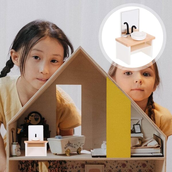Mini Mobile Lavabo in Legno e Plastica per Casa delle Bambole, Decorazione Realistica e Compatta
