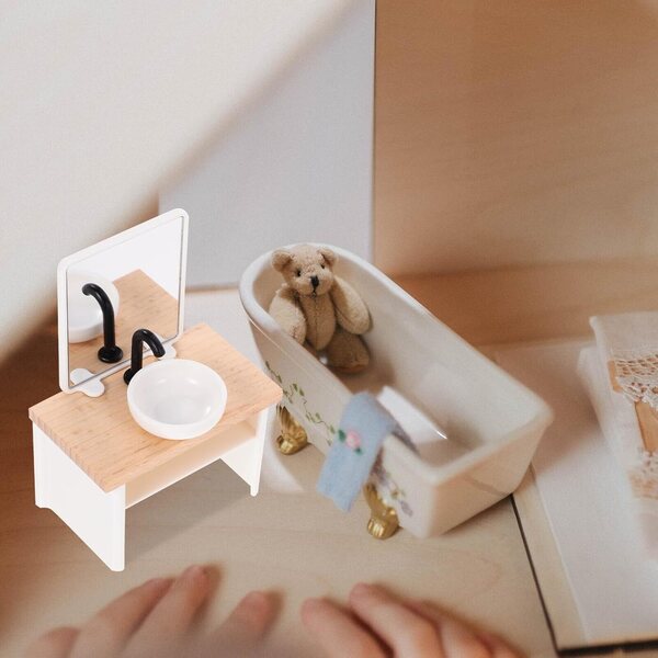 Mini Mobile Lavabo in Legno e Plastica per Casa delle Bambole, Decorazione Realistica e Compatta