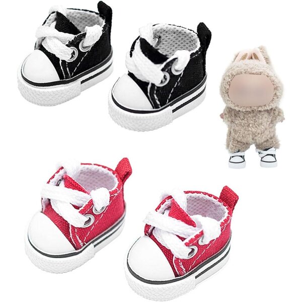 Puppenschuhe aus Segeltuch mit Schnürsenkeln, 15–20 cm, 2 Paar, Schwarz und Rot
