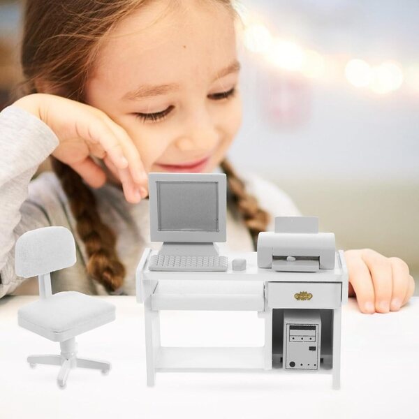 BESPORTBLE Set Miniature Scrivania e Sedia in Legno Bianco per Casa delle Bambole