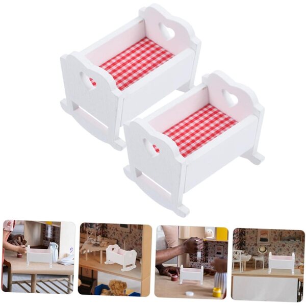 Mini Culla in Legno per Casa delle Bambole Set 2 Pezzi Decorazione e Gioco Educativo
