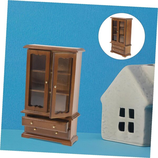 Mini libreria 1/12 in legno e vetro con doppia porta per casa delle bambole