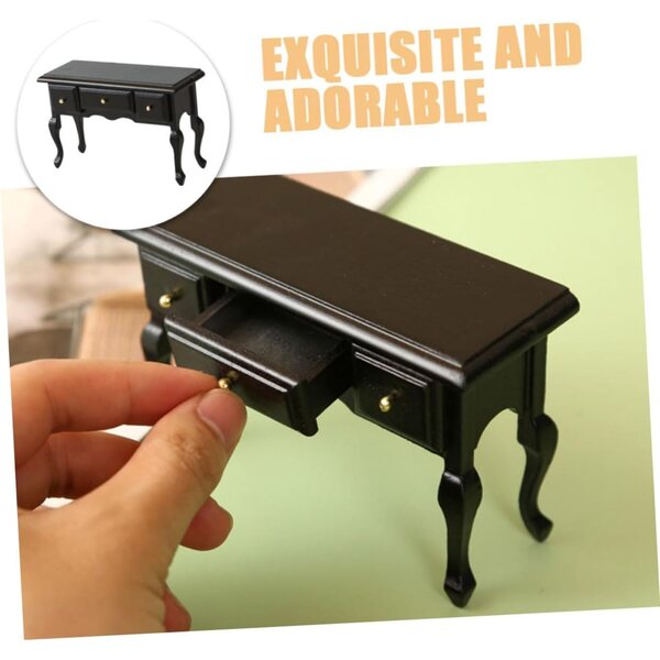 ORFOFE Mini Scrivania in Legno Nero per Casa delle Bambole 10,5x7x4 cm