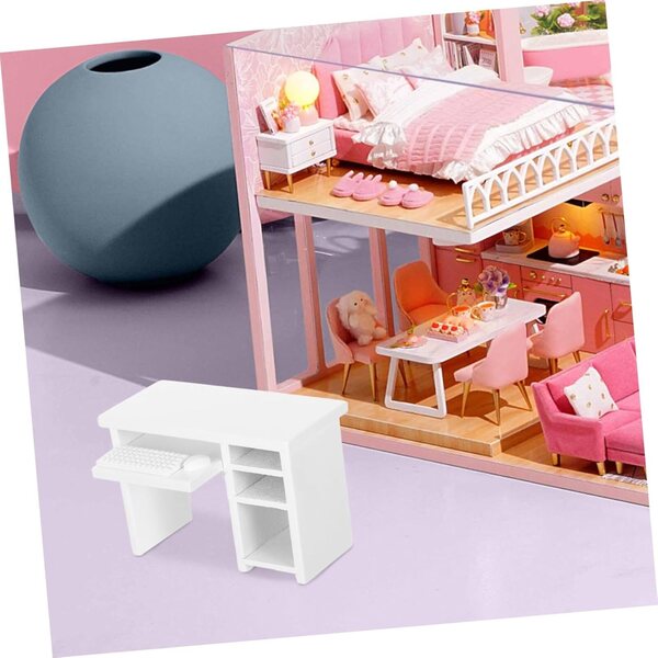 YARNOW Scrivania Miniatura Casa delle Bambole Bianca in Legno, Set 12 Pezzi 1:12