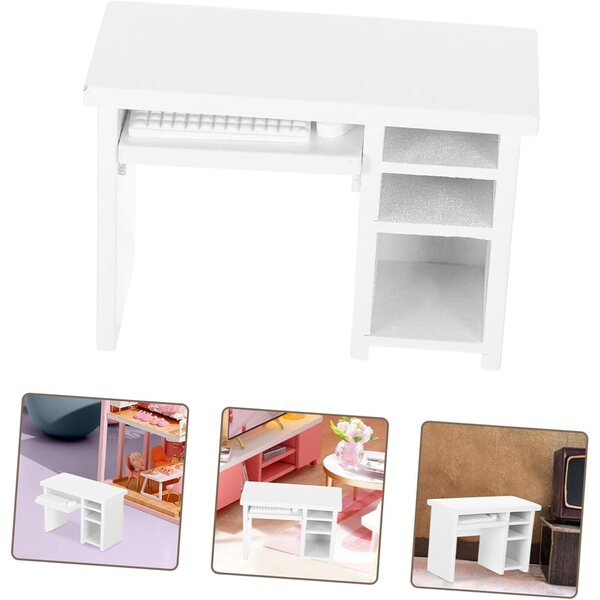 YARNOW Scrivania Miniatura Casa delle Bambole Bianca in Legno, Set 12 Pezzi 1:12