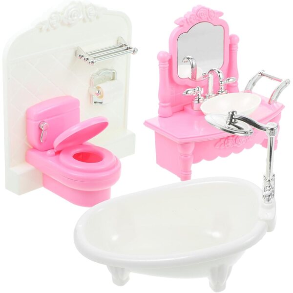 Miniatur-Badezimmermöbel-Set aus Kunststoff, 3-teilig, für Puppenhaus – Waschbecken, WC, Badewanne