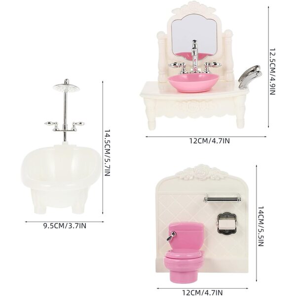 Set Mobili Bagno Miniatura Plastica 3 Pezzi per Casa delle Bambole - Lavabo, WC, Vasca