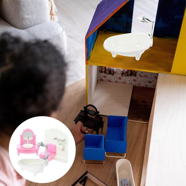 Set Mobili Bagno Miniatura Plastica 3 Pezzi per Casa delle Bambole - Lavabo, WC, Vasca