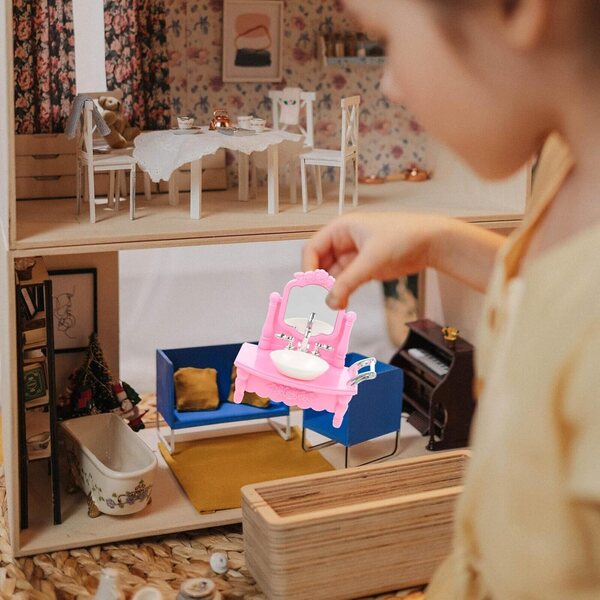 Set Mobili Bagno Miniatura Plastica 3 Pezzi per Casa delle Bambole - Lavabo, WC, Vasca