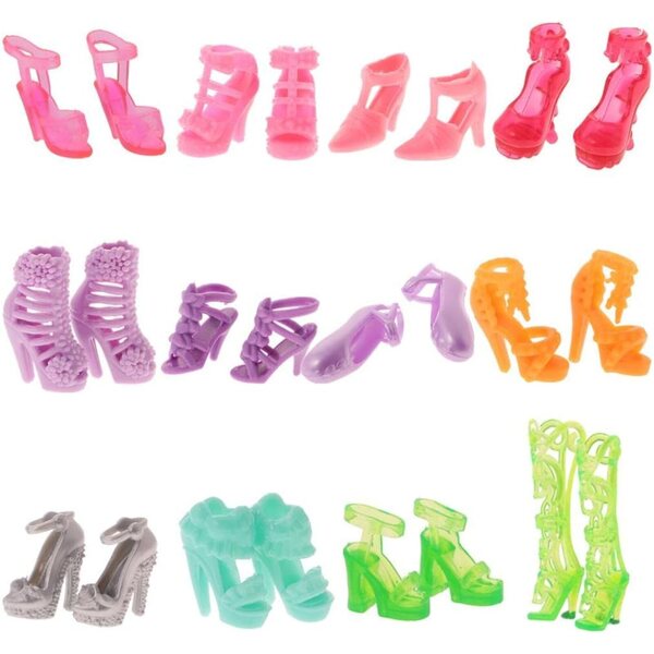 12 trendige Sandalen und Schuhe für Puppen mit hohen Absätzen aus mehrfarbigem PVC