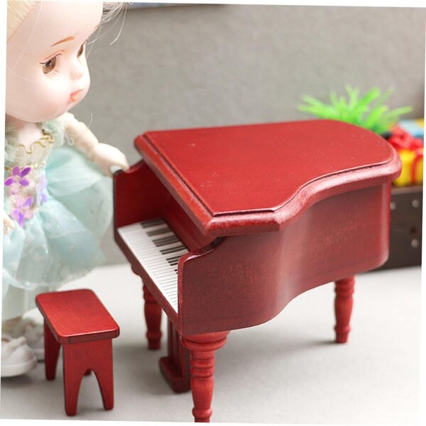 ERINGOGO Mahagoni-Miniklavier und Hocker-Set für Puppenhaus und Fotografie