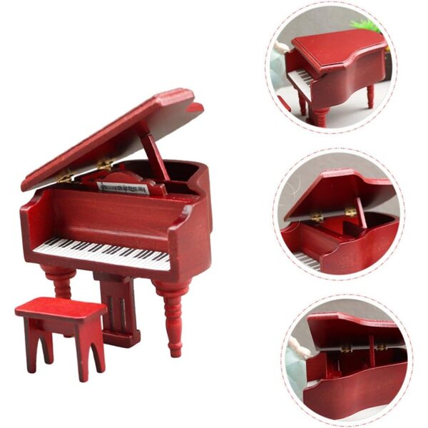 ERINGOGO Mahagoni-Miniklavier und Hocker-Set für Puppenhaus und Fotografie