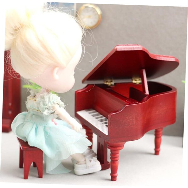 ERINGOGO Mahagoni-Miniklavier und Hocker-Set für Puppenhaus und Fotografie