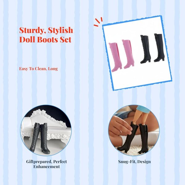Set aus 2 Paar farbenfrohen, lässigen Puppenstiefeletten mit 6 Kleidungsaccessoires