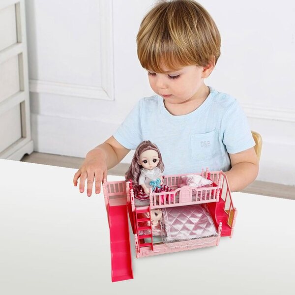 Letto a castello per bambole Jorzer con scaletta e due cuscini, mini mobili in plastica
