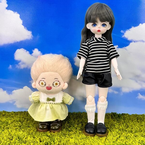 Set aus 2 Paar Vintage-Plüschschuhen 15 cm für 1/6 BJD-Puppen grün + braun