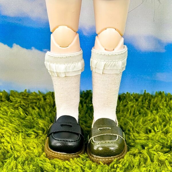 Set aus 2 Paar Vintage-Plüschschuhen 15 cm für 1/6 BJD-Puppen grün + braun