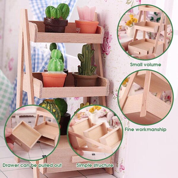 1/12 Holzregal für Puppenhaus, Mini-Pflanzenständer und Dekoration