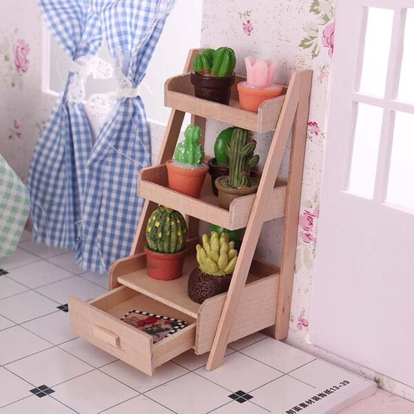 1/12 Holzregal für Puppenhaus, Mini-Pflanzenständer und Dekoration